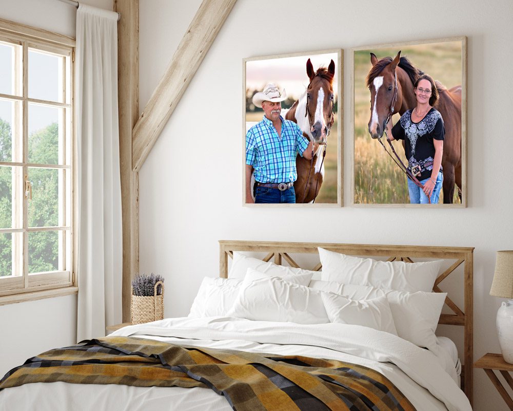 Bedroom with horse portraits on wall